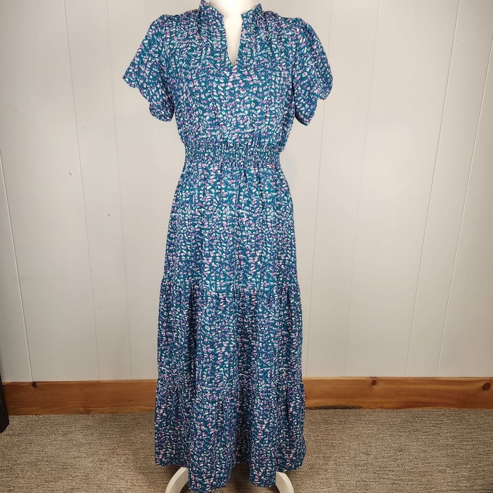New Maxi Dress Prairie Tiered Dainty Floral Green Blue Puff Sleeve Cottagecore M